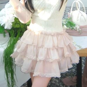 Japanese Kawaii Y2K Dusty Pink Cottage Ballet Ruffle Mini Tier Skirt Skorts
